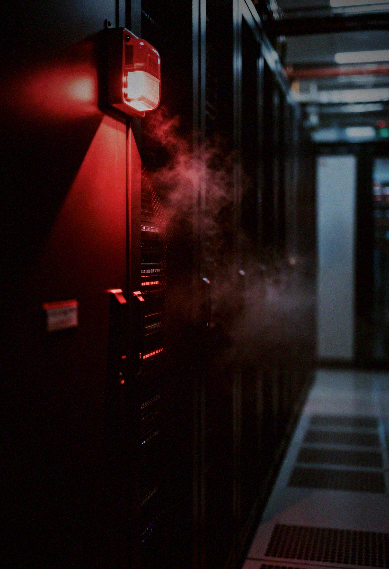 A data centre under a red warning light, standing in for a zero trust architecture failing silently under a coordinated attack.