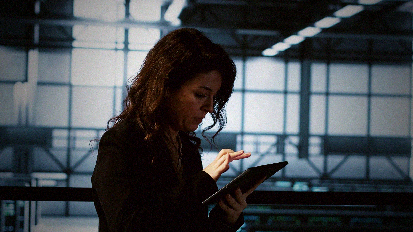 A security operator in a dark server room reading a threat-detection alert as it fires.